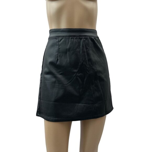 Black Faux Leather A-Line Mini Skirt With Back Zipper Side Slits Women Size XL* - Picture 1 of 9